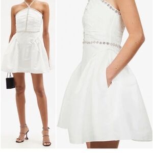BNWT Self Portrait Embellished Taffeta Diamante Trim White Dress Size 6